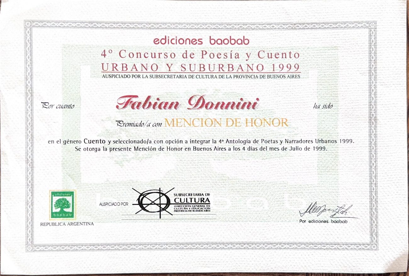 Certificado de Mención de Honor del 4.º Concurso de Poesía y Cuento Urbano y Suburbano 1999 de ediciones baobab, a nombre de Fabián Donnini, otorgado el 4 de julio de 1999.