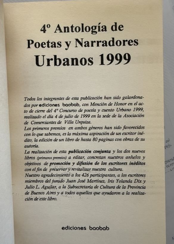 Portadilla de la 4.ª Antología de Poetas y Narradores Urbanos 1999, con la nota de ediciones baobab sobre las Menciones de Honor, el acto de cierre del 4 de julio de 1999 y el jurado.