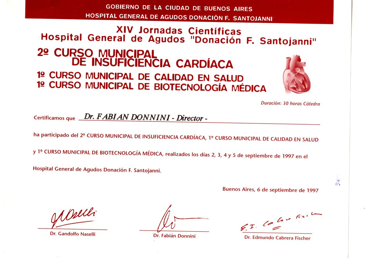 Certificado del 2º Curso Municipal de Insuficiencia Cardíaca que acredita al Dr. Fabián Donnini como Director, 6 de septiembre de 1997, 30 horas cátedra.