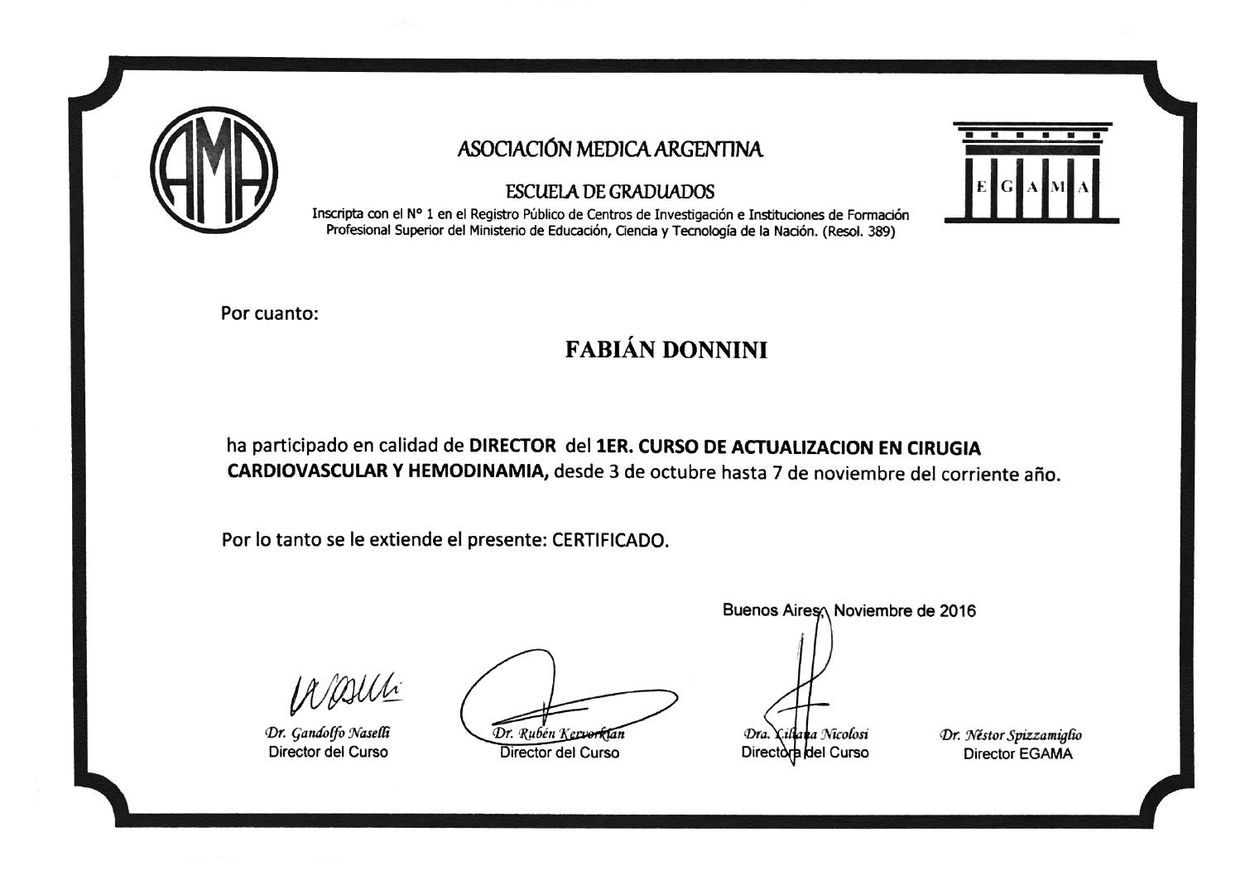 Certificado de la Escuela de Graduados de la Asociación Médica Argentina que acredita a Fabián Donnini como Director del 1er Curso de Actualización en Cirugía Cardiovascular y Hemodinamia, noviembre de 2016.
