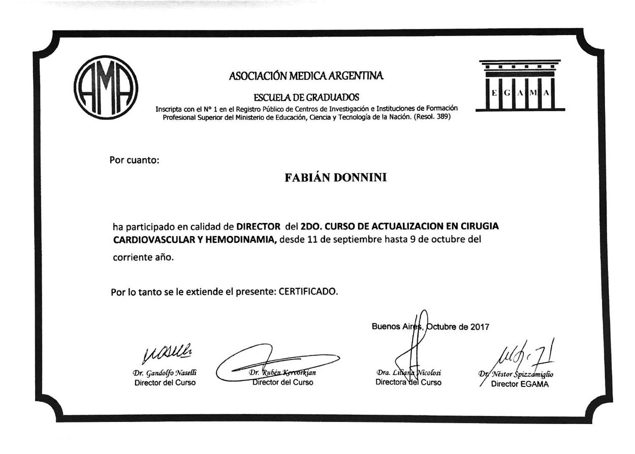 Certificado de la Escuela de Graduados de la Asociación Médica Argentina que acredita a Fabián Donnini como Director del 2do Curso de Actualización en Cirugía Cardiovascular y Hemodinamia, octubre de 2017.