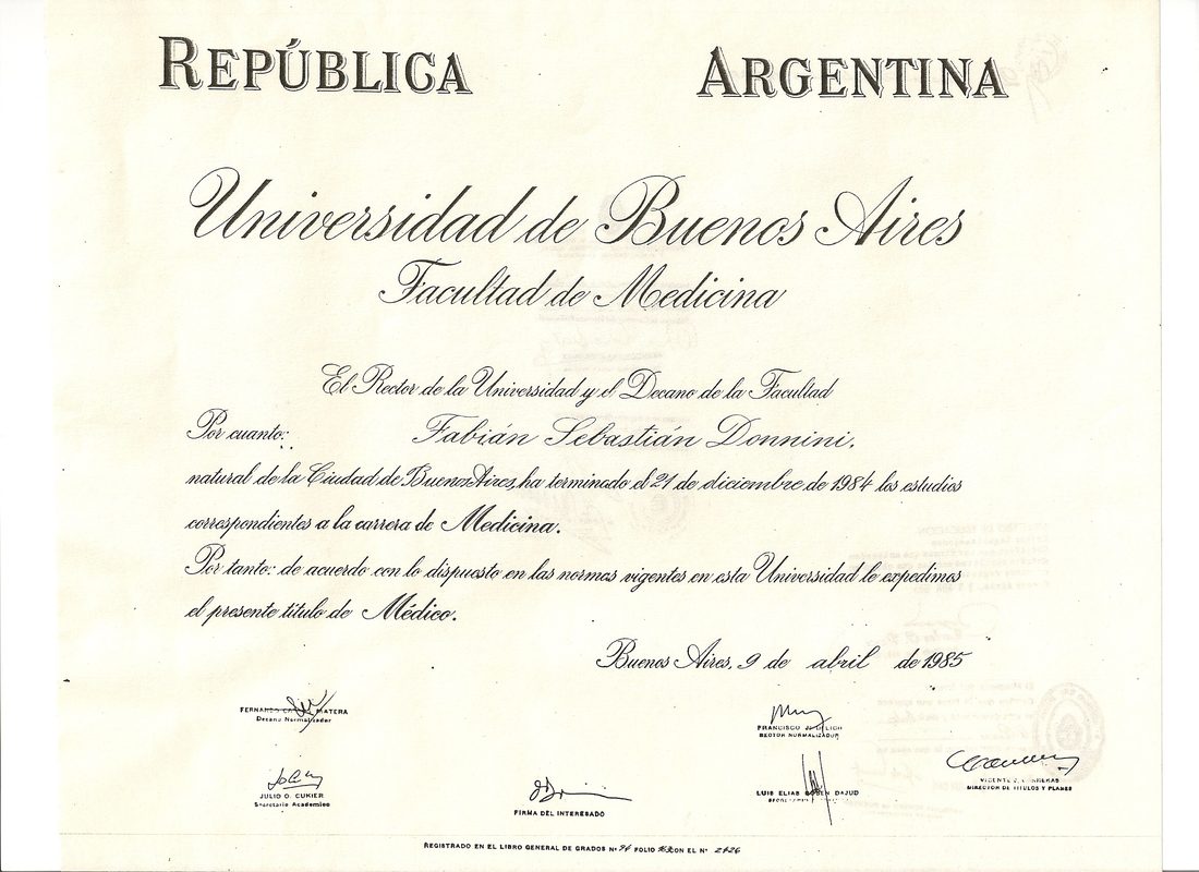 Título de Médico expedido por la Universidad de Buenos Aires a Fabián Sebastián Donnini el 9 de abril de 1985.