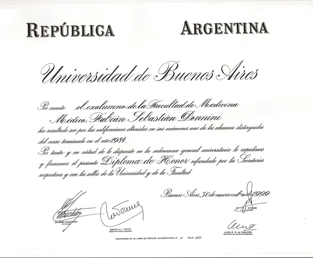 Diploma de Honor de la Universidad de Buenos Aires otorgado a Fabián Sebastián Donnini, 30 de noviembre de 1999.