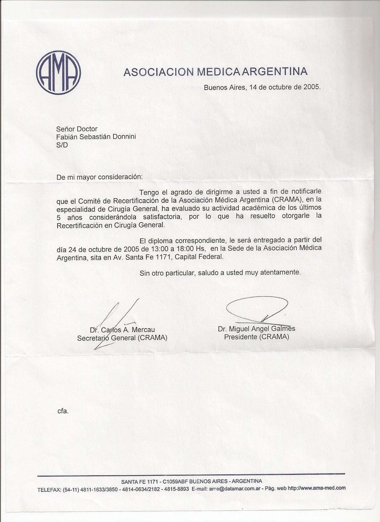 Carta de la Asociación Médica Argentina del 14 de octubre de 2005 notificando al Dr. Fabián Sebastián Donnini la Recertificación en Cirugía General otorgada por el Comité de Recertificación CRAMA.