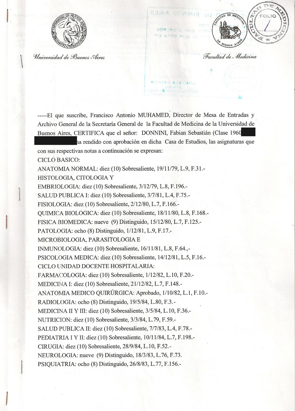 Primera página del certificado analítico de la carrera de Medicina, Facultad de Medicina de la UBA.