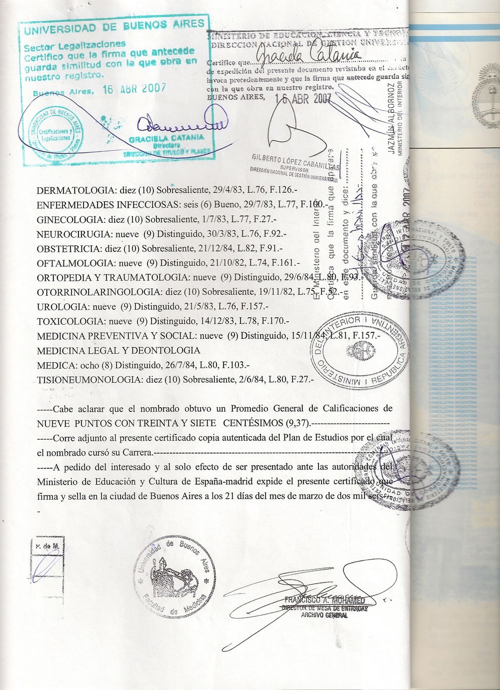 Segunda página del certificado analítico, con el promedio general de 9,37 y las legalizaciones.