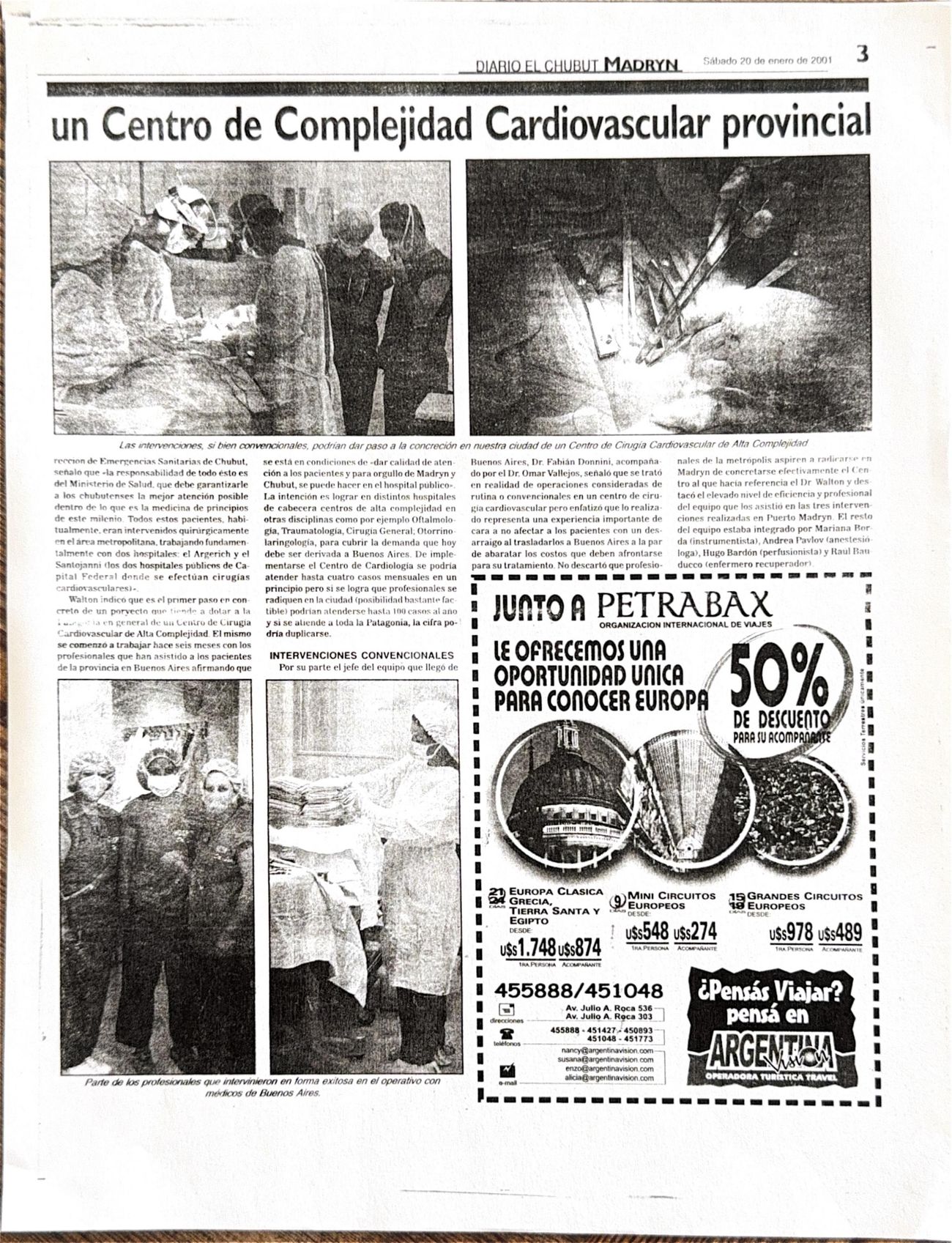 Página 3 del diario El Chubut del 20 de enero de 2001, donde se menciona al Dr. Fabián Donnini