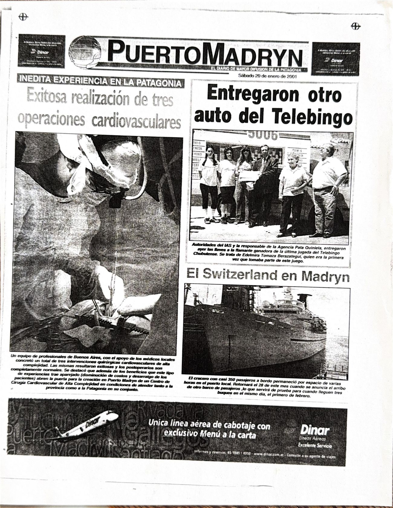 Tapa del diario El Chubut, edición Puerto Madryn, del 20 de enero de 2001, con el título «Exitosa realización de tres operaciones cardiovasculares»