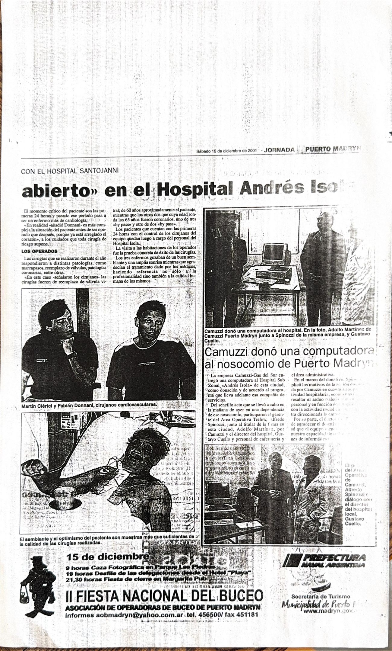 Continuación de la nota del 15 de diciembre de 2001, con la fotografía de los cirujanos Martín Clérici y Fabián Donnini