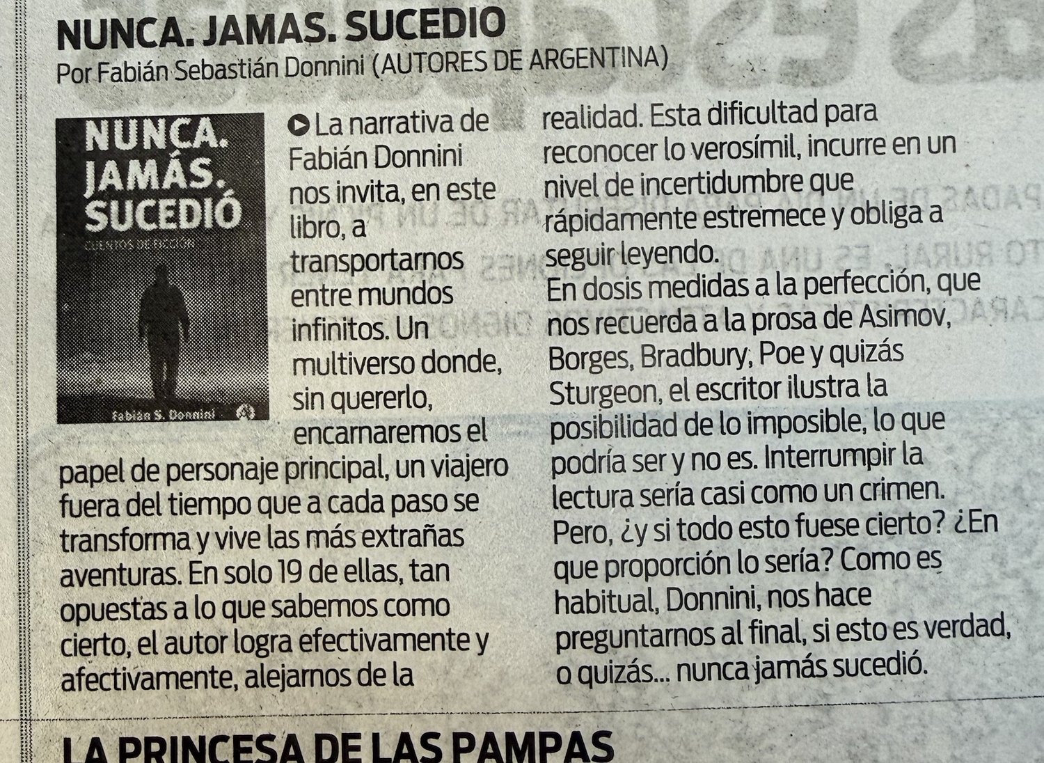Reseña de Nunca. Jamás. Sucedió., de Fabián Sebastián Donnini, publicada en la columna de novedades del suplemento Domingo Popular del Diario Popular el 20 de septiembre de 2026, con reproducción de la tapa del libro.