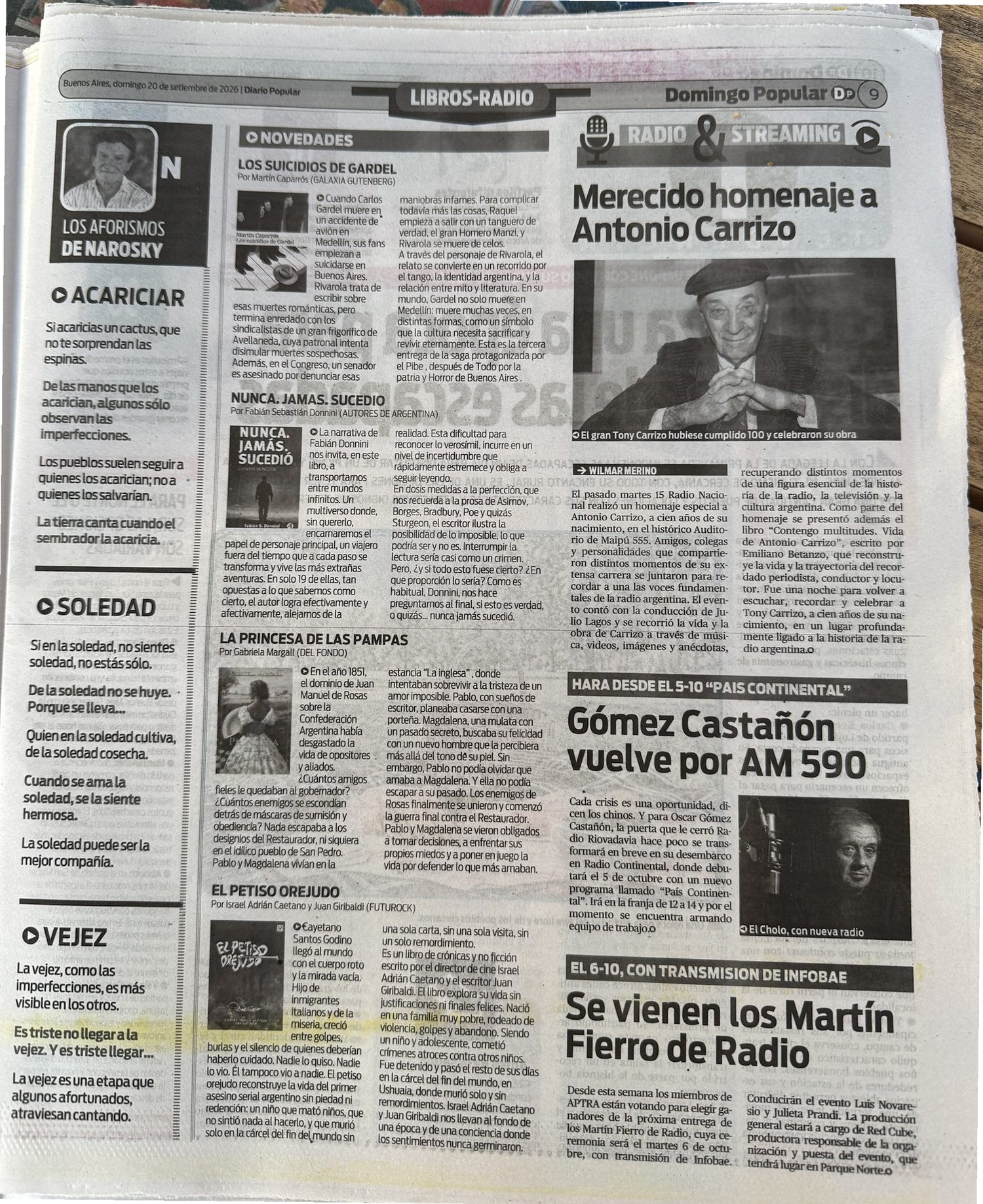 Página 9 completa del suplemento Domingo Popular del Diario Popular del 20 de septiembre de 2026, sección Libros-Radio, con las reseñas de Los suicidios de Gardel, Nunca. Jamás. Sucedió., La princesa de las pampas y El petiso orejudo.